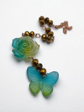 Handmade Green & Blue Rose Butterfly Car Charm – Gold Beaded Decor